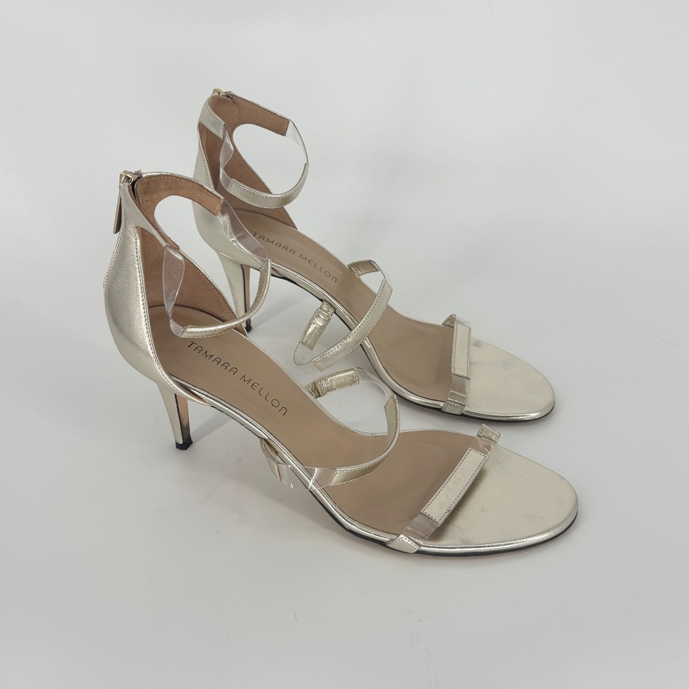 Tamara Mellon Frontline 75 Sandals Platino Women Size 41.5 Strappy Heels Leather